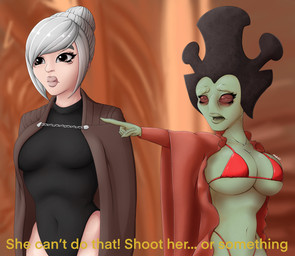 big_breasts bikini bikini_top breasts clothed clothing crossgender dialogue duo female gesture green_body green_skin grey_hair hair hand_gesture leotard mtf_crossgender not_furry pointing swimwear text two-piece_swimsuit nocba star_wars count_dooku viceroy_nute_gunray alien alien_humanoid human humanoid mammal neimoidian 2020 absurd_res english_text hi_res
