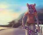 5_fingers anthro bicycle clothed clothing cycling detailed_background female fingers flat_chested fur grey_body grey_fur hair pink_hair pink_nose purple_hair red_eyes smile solo vehicle koul vall_paas mammal mouse murid murine rodent