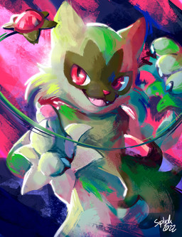 abstract_background ambiguous_gender anthro fur gesture hand_gesture looking_at_viewer open_mouth pointing pointing_at_viewer simple_background smile solo text yo-yo alolansip nintendo pokemon felid feline felis floragato generation_9_pokemon humanoid mammal pokemon_(species) 2022 artist_name colored digital_drawing_(artwork) digital_media_(artwork) english_text shaded signature