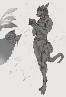 anthro armor bottomwear camera clothed clothing digitigrade female footwear fur gloves hair handwear pants plant pouch_(clothing) shirt shoes simple_background smile solo standing tail thigh_pouch topwear lethal_doors tavi_(maaarked_one) amphibian frog furred_scalie hilachev scalie digital_media_(artwork) hi_res