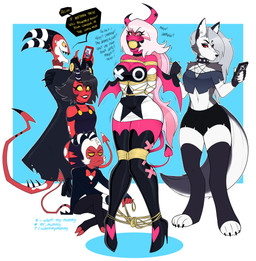 2_toes 4_toes 5_fingers all_fours angry anthro arms_tied armwear athletic athletic_anthro athletic_female ball_gag bdsm big_breasts black_eyebrows black_hair black_nose black_wings blush bodily_fluids bondage boots bottomwear bound bow_ribbon breasts choker claws clothed clothing collar dialogue drooling ear_piercing electronics eye_through_hair eyebrow_through_hair eyebrows eyelashes eyelashes_through_hair feet female finger_claws fingers footwear fully_bound fur gag gagged gloves grey_body grey_fur grey_hair grey_tail group hair half-closed_eyes hands_behind_back hands_tied handwear happy heart_symbol high_heeled_boots high_heels holding_leash holding_object horn inner_ear_fluff jewelry latex latex_clothing leash legs_tied legwear lips lipstick looking_down makeup male motion_lines muffled muffled_speech multicolored_body multicolored_fur multicolored_hair multicolored_tail multicolored_wings narrowed_eyes navel necklace open_mouth open_mouth_gag paws phone phone_screen photo piercing pink_body pink_hair pink_wings red_body red_eyes red_sclera red_tail restraints rope rope_bondage rope_harness saliva sharp_teeth shoes simple_background sitting sitting_on_ground small_breasts smile speech_bubble spiked_collar spikes spots standing submissive submissive_female submissive_humanoid suit suit_jacket tail teeth text thigh_boots thigh_highs thorns toe_claws toes topwear torn_clothing translucent translucent_hair tuft white_body white_eyes white_fur white_hair white_tail wings yellow_sclera i_want_my_mummy hellaverse helluva_boss mythology blitzo_(helluva_boss) loona_(helluva_boss) millie_(helluva_boss) moxxie_(helluva_boss) verosika_mayday canid canid_demon canine demon demon_humanoid hellhound humanoid imp mammal mythological_canine mythological_creature succubus 2022 absurd_res artist_name english_text hi_res