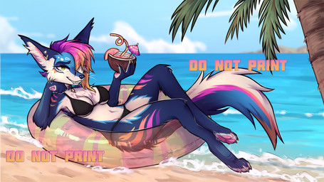 alcohol anthro beach beverage bikini breasts clothing cloud cloudy_sky cocktail fangs female lying on_back palm_tree plant sea sky smile solo summer swim_ring swimwear tail teeth tree two-piece_swimsuit water lonerdemiurge canid canine fox mammal 16:9 hi_res widescreen