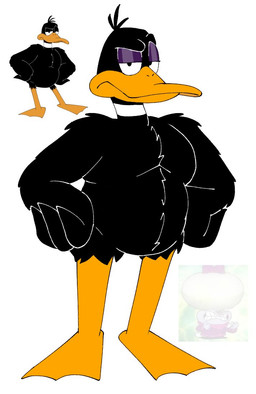 anthro black_body black_feathers eyebrows feathers hands_on_hips male musclegut muscular raised_eyebrows simple_background solo standing unimpressed white_background winged_hands pt80s0up cartoon_network chowder_(series) looney_tunes warner_brothers chowder daffy_duck anatid anseriform avian bird duck