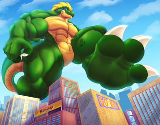 3_toes abs anthro biceps big_muscles blonde_hair building city claws cloud cloudy_sky day featureless_crotch feet foot_focus green_body green_scales hair huge_muscles looking_at_viewer low-angle_view macro macro_anthro macro_male male mohawk muscular muscular_anthro muscular_male muscular_thighs nude pecs raised_foot scales sky smile smirk solo tail toe_claws toes ventral_scales yellow_body yellow_scales koragos dungeons_and_dragons hasbro wizards_of_the_coast koragos_(character) lizardfolk_(dnd) lizardman scalie 2025 dated digital_media_(artwork) full-length_portrait hi_res portrait