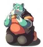 anthro belly blush bottomwear clothing food fur green_body green_fur humanoid_hands male overweight overweight_anthro overweight_male pants simple_background solo white_background ayame42612 felid mammal pantherine tiger 2010