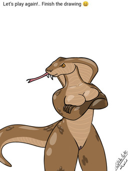angry anthro biped breast_squish breasts brown_body brown_scales crossed_arms fangs female female_anthro forked_tongue genitals humanoid_genitalia humanoid_vulva medium_breasts non-mammal_breasts scales simple_background snake_hood solo squish teeth text thick_thighs tongue ventral_scales vulva white_background wide_hips dayotedraws cobra reptile scalie snake english_text