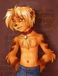 2003 anthro arcanine athletic athletic_anthro athletic_male bangs bare_chest biped black_eyebrows black_nose blonde_hair blue_bottomwear blue_clothing blue_pants bottomwear brick_wall brown_background brown_body brown_eyes brown_fur canid canine chest_tuft clothed clothing collar collar_tag collarbone copyright_symbol crotch_lines denim denim_bottomwear denim_clothing eyebrows front_view fur generation_1_pokemon growlithe hair hands_behind_back jeans male mammal multicolored_body multicolored_fur navel nintendo orange_body orange_ears orange_fur pants partially_clothed pokemon pokemon_(species) pokemorph red_collar samantha_whitten simple_background soft_abs solo symbol text topless tuft two_tone_body two_tone_fur wall_(structure) yellow_eyes young young_anthro young_male