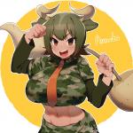 5_fingers big_breasts breasts brown_eyes brown_hair camo camo_print clothing crop_top curvy_figure dumbbell eyebrows eyelashes female fingers hair holding_object horn huge_breasts midriff military navel necktie open_mouth shirt simple_background smile solo teeth topwear undershirt voluptuous weights kirita kemono_friends aurochs_(kemono_friends) animal_humanoid aurochs_humanoid bovid bovid_humanoid bovine bovine_humanoid humanoid mammal mammal_humanoid 1:1 signature