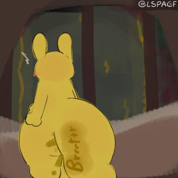 ambiguous_gender anthro big_butt blush butt fart fart_cloud fart_fetish male onomatopoeia solo sound_effects standing tail text thick_tail thick_thighs yellow_body lspagf rain_world videocult monk_(rain_world) slugcat 1:1 absurd_res hi_res