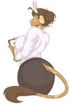 ahoge anthro big_breasts bottomwear breast_squish breasts brown_body brown_eyes brown_fur brown_hair business_suit butt butt_pose clothing eyelashes female fur furgonomics hair hair_bun holding_object horn huge_breasts looking_back markings motion_lines pink_nose pose shirt simple_background skirt solo squish suit tail tail_tuft topwear tuft white_background white_horn slightlysimian european_mythology greek_mythology mythology molly_(slightlysimian) bovid bovine cattle mammal minotaur hi_res