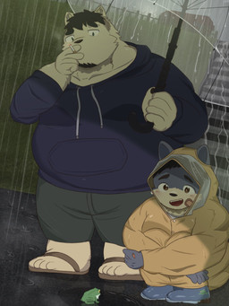 anthro band-aid bandage blush bottomwear clothing coat duo footwear hoodie humanoid_hands kemono male outside overweight overweight_male raincoat raining sandals shoes shorts smoking topwear umbrella chitgor_daimei amphibian canid canine canis domestic_dog frog mammal 2021 3:4 hi_res