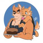 anthro apron biceps blue_eyes cake candle chest_tuft claws clothing dessert duo food fur male muscular muscular_male orange_body orange_fur pecs sweatband tongue tongue_out tuft hikazedragon otake takemoto canid canine canis domestic_dog mammal 1:1 2017 hi_res