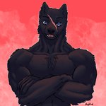 anthro bared_teeth black_body blue_eyes flexing flexing_pec fluffy male muscular muscular_male red_background scar simple_background smile solo teeth shybird weretober zeke_(shybird) canid canine canis mammal wolf 1:1 absurd_res hi_res