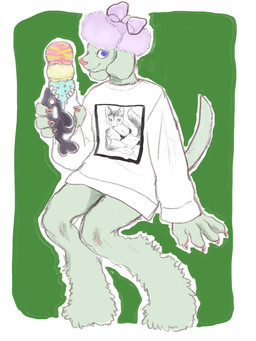 accessory anthro blue_eyes bottomless claws clothed clothing dessert female floppy_ears food fur green_background green_body grey_body grey_fur hat headgear headwear ice_cream looking_at_viewer shirt simple_background sitting smile solo sweater tail topwear kyokyota canid canine canis domestic_dog mammal poodle 2019 3:4 digital_media_(artwork) hi_res