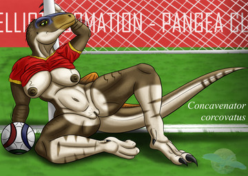 anthro ball big_breasts blue_markings breasts brown_body brown_markings brown_nipples claws clitoris clothed clothing clothing_lift eyelashes female genitals green_eyes looking_at_viewer markings navel nipples on_ground orange_crest pose quills_(anatomy) shirt shirt_lift soccer_ball soccer_field soccer_goal soccer_jersey soccer_net solo spread_legs spreading tan_body thick_thighs toe_claws topwear vulva yellow_markings lindwormduality carcharodontosaurid concavenator dinosaur prehistoric_species reptile scalie theropod absurd_res hi_res pinup