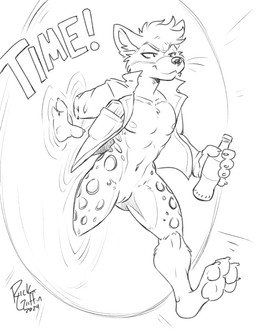 4_toes andromorph anthro barefoot bottle bottomless casual_exposure claws clothed clothing container exclamation_point feet finger_claws genitals half-closed_eyes intersex jumping narrowed_eyes navel nipples pawpads paws portal soles solo spots toe_claws toes vulva rick_griffin felid feline mammal 2024 monochrome signature sketch
