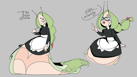 antennae_(anatomy) apode apron black_clothing black_dress blue_eyes breasts clothing dress erm_actually eyewear female freckled_face freckles glasses green_body green_hair grey_background hair legless long_hair maid_uniform open_mouth serpentine simple_background solo standing uniform wide_hips lavrentevadaria loo_(randomtanstudio) animal_humanoid draconcopode gastropod gastropod_humanoid humanoid mollusk mollusk_humanoid slug_humanoid 16:9 hi_res meme widescreen