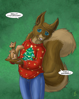 anthro blue_eyes bottomwear brown_body brown_fur brown_hair buckteeth christmas_clothing christmas_shirt christmas_topwear clothed clothed_anthro clothed_male clothing dialogue fluffy fluffy_tail fur green_background hair holidays male nutcracker pants shirt simple_background solo tail teeth text topwear flinters christmas arcan_(character) mammal rodent sciurid tree_squirrel 2025 english_text hi_res
