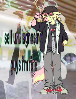 adolescent anthro bottomwear bracelet clothing collared_shirt dark_humor dog_tags dress_shirt footwear hair hand_in_pocket hat headgear headwear heterochromia humor jacket jewelry looking_at_viewer male necktie pants pockets ponytail scar school_uniform self-harm_scars shirt shoes sneakers solo standing text topwear uniform young angxlmeat domestic_cat felid feline felis mammal digital_media_(artwork) english_text meme trans_(lore) trans_man_(lore)