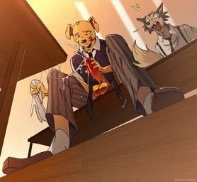 anthro balls belt bench big_balls big_penis bodily_fluids bottomwear caught caught_in_the_act caught_masturbating caught_while_cumming claws clothed clothing collared_shirt cum cum_string cumshot dress_shirt duo ejaculation emanata erection footwear fur furniture genital_fluids genitals holding_object humanoid_genitalia humanoid_penis inside licking licking_lips licking_own_lips low-angle_view male masturbation narrowed_eyes necktie open_mouth orgasm pants penile penile_masturbation penis shirt shoes sitting socks standing surprised suspenders table teeth text tissue tongue tongue_out topwear tuft unzipped vest wide_eyed zipper ksejl beastars jack_(beastars) legoshi_(beastars) bird_dog canid canine canis domestic_dog hunting_dog labrador mammal retriever wolf 2023 hi_res url