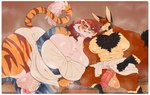 anthro balls big_breasts big_muscles biped black_body black_fur blue_eyes blush bodily_fluids breasts duo erection foreskin fur genitals gynomorph huge_breasts huge_muscles huge_thighs humanoid_genitalia humanoid_penis intersex male markings medial_ring muscular nipple_outline orange_body orange_fur penis sitting striped_markings striped_tail stripes sweat tail tail_markings thick_thighs white_body white_fur roly felid mammal pantherine tiger hi_res