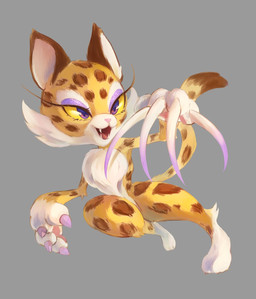 anthro biped brown_body brown_fur chest_tuft claws countershading dipstick_tail eyelashes eyeshadow female fighting_pose fur gloves_(marking) grey_background leg_markings makeup markings pawpads pink_claws pink_pawpads pose purple_eyes purple_eyeshadow simple_background socks_(marking) solo spots spotted_body spotted_fur tail tail_markings three-quarter_view tuft white_body white_fangs white_fur yellow_body yellow_fur yellow_sclera akaki_4207 kirby_(series) nintendo clawroline felid leopard mammal pantherine 2022 digital_drawing_(artwork) digital_media_(artwork) full-length_portrait hi_res japanese_description portrait