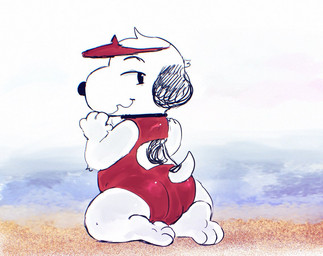anthro back_cutout beach black_collar black_ears black_eyes black_nose black_spots butt clothed clothing collar crossdressing day femboy fur glance glancing_back hat headgear headwear kneeling lifeguard lifeguard_swimsuit male one-piece_swimsuit paws rear_view red_clothing red_swimwear sand side_glance solo spots squiggle_mouth swimwear visor visor_cap white_body white_fur freakpaws peanuts_(comic) snoopy beagle canid canine canis domestic_dog hunting_dog mammal scent_hound