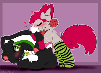 balls black_body blush blush_lines bodily_fluids bow_tie clothing collar cum cum_on_feet duo eyes_closed feet feral food foot_fetish foot_grab foot_humping foot_sniffing fruit fur genital_fluids genitals green_eyes kerchief legwear looking_at_another lying male male/male multicolored_body on_back plant red_body red_fur red_tail shadow simple_background sniffing tail tan_body text thigh_highs white_paws rockii nintendo pokemon cherrysylveon_(recon) eeveelution generation_6_pokemon mammal mephitid pokemon_(species) skunk sylveon 11:8 hi_res