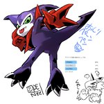 1:1 angry anthro armor bandai_namco clothing digimon digimon_(species) gloves green_eyes handwear headgear helmet impmon japanese_text male odenzzi pteromon pulling_eyelid purple_body spade_tail spanking_self tail taunting text tongue tongue_out