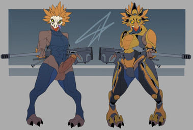 abs anthro armor balls bodysuit bone clothing digitigrade feathers genitals male mask muscular muscular_male penis skinsuit skull skull_head solo tight_clothing vein veiny_penis weapon weapon_behind_back wearing_mask yellow_body yellow_eyes yellow_feathers sakito126 halo_(series) microsoft xbox_game_studios alien kig-yar scalie t'vaoan absurd_res hi_res model_sheet