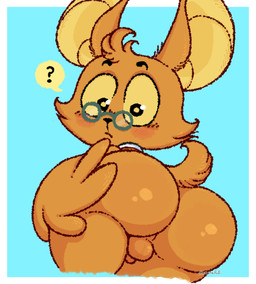 anthro balls big_butt black_eyes black_nose blush blush_lines butt eyewear fur genitals glasses green_eyewear green_glasses hair looking_at_viewer looking_back low-angle_view male male_anthro orange_body orange_ears orange_fur orange_hair orange_sclera orange_tail penis question_mark rear_view shirt_collar short_tail small_balls small_penis solo speech_bubble tail text thick_thighs three-quarter_view bananapop chikn_nuggit onyn_ring_(chikn_nuggit) bat eastern_red_bat mammal 2025 artist_name digital_media_(artwork) hi_res