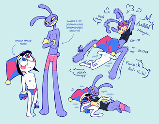 anthro areola balls biped black_hair bodily_fluids breasts butt clothing duo female fool's_hat foreskin genitals gloves hair handwear hat headgear headwear jester male multicolored_eyes nipples nude partially_clothed_anthro pecs penis purple_body tail text vulva white_body yellow_sclera fsc glitch_productions the_amazing_digital_circus jax_(tadc) pomni_(tadc) human humanoid lagomorph leporid mammal rabbit english_text hi_res