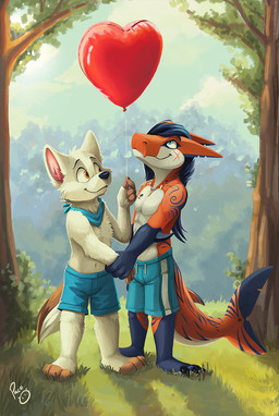 anthro blue_bottomwear blue_clothing blue_eyes blue_hair blue_kerchief blue_neckerchief blue_shorts blue_sky bottomwear brown_tail closed_smile clothed clothing duo fur glistening glistening_eyes grass hair hand_holding jewelry kerchief logo long_hair looking_up male markings mouth_closed neckerchief necklace neckwear orange_body orange_tail outside plant shorts shrub sky smile standing striped_markings striped_tail stripes tail tail_markings topless tree white_body white_fur white_tail young young_anthro young_male pandapaco aquatic canid canine fish mammal shark artist_logo hi_res signature