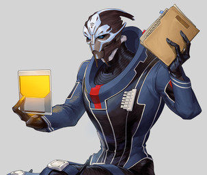 3_fingers blue_eyes bodysuit clothed clothed_male clothing datapad facial_markings fingers folder head_markings holding_object looking_at_object male markings simple_background sitting skinsuit solo tight_clothing leafjuly bioware electronic_arts mass_effect venari_pallin alien turian absurd_res colored hi_res portrait three-quarter_portrait