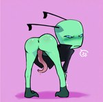 alien angry anus artist_name ass_out bent_over black_clothing blue_eyes blush blush_lines butt clothing digital_media_(artwork) genitals green_body hi_res humanoid ignis_vitae looking_at_viewer looking_back male penis penis_tentacles pink_background shaded simple_background simple_shading solo squinted_eyes tentacles vasdocor_09