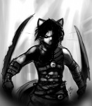 anthro dark holding_melee_weapon holding_object holding_sword holding_weapon male melee_weapon solo sword unimpressed weapon peritian prince_of_persia ubisoft domestic_cat felid feline felis mammal greyscale monochrome