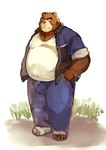 anthro blue_bottomwear blue_clothing blue_jacket blue_pants blue_topwear bottomwear brown_body brown_fur bulge clothed clothing countershade_snout countershading footwear fully_clothed fur hand_in_pocket jacket looking_at_viewer male multicolored_body multicolored_fur open_clothing open_jacket open_topwear pants pockets sandals shirt shoes snout solo tan_body tan_countershading tan_fur topwear two_tone_body two_tone_fur white_clothing white_shirt white_topwear kakukaku morenatsu juuichi_mikazuki bear black_bear mammal moon_bear ursine 2025 absurd_res hi_res