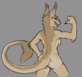anthro blue_eyes butt ear_tuft female fur glistening glistening_eyes grey_background grin hand_on_hip looking_at_viewer looking_back nude rear_view simple_background smile solo tail tail_tuft tan_body tan_fur tuft unsigned acidic felid feline hybrid mammal species_request portrait three-quarter_portrait