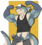 anthro armpit_hair ball_tuft balls baseball_cap biceps black_clothing black_shirt black_tank_top black_topwear blue_hair body_hair border bottomwear bottomwear_down clothed clothing deltoids erection fangs fist flexing flexing_bicep flexing_both_biceps genitals grin hair happy_trail hat headgear headwear humanoid_genitalia humanoid_penis licking licking_lips male manly muscular obliques pants pants_down partially_clothed pecs penis pubes shirt simple_background smile solo standing tank_top teeth thick_penis tongue tongue_out topwear triceps tuft vein veiny_penis white_border yellow_background killianroo fish marine shark 2024 hi_res