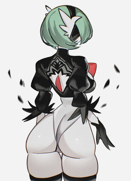 butt clothing cosplay female green_hair hair legwear leotard simple_background solo thigh_highs white_background white_body chunniwa nier_automata nintendo platinumgames pokemon yorha_2b generation_6_pokemon humanoid mega_evolution mega_gardevoir pokemon_(species) absurd_res hi_res