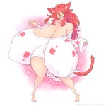 :d animal_print big_breasts breasts cleavage clothed clothing cow_print female hair half_naked huge_breasts hyper hyper_breasts long_hair nipple_outline open_mouth pink_hair shirt smile solo text thick_thighs topwear wide_hips yellow_eyes hataraki_ari leche_(hataraki) animal_humanoid cat_humanoid felid felid_humanoid feline feline_humanoid humanoid mammal mammal_humanoid 1:1 hi_res url