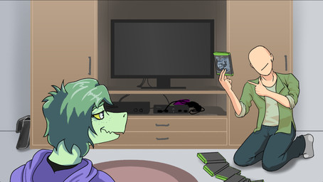 anthro bald biped black_clothing black_shirt black_topwear clothed clothed_anthro clothed_female clothed_human clothed_male clothing duo electronics female fingers footwear freckled_face freckles game_case gesture green_body green_clothing green_hair green_jacket green_shirt green_topwear grey_eyes hair half-closed_eyes hand_gesture hoodie human_on_anthro humanoid_hands inside interspecies jacket looking_at_another male male/female narrowed_eyes open_clothing open_jacket open_mouth open_topwear pointing purple_clothing purple_hoodie purple_topwear rear_view shirt short_hair smile socks television topwear yellow_sclera sebek_fereh_ra cavemanon_studios i_wani_hug_that_gator microsoft snoot_game xbox xbox_game_studios anon_(snoot_game) olivia_halford baryonyx dinosaur human mammal prehistoric_species reptile saurischian scalie spinosaurid theropod colored crossover hi_res shaded