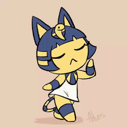 anthro bangs barefoot blue_ears blue_hair bob_cut clothing dancing dress eyes_closed feet female frown fur hair jewelry markings necklace pink_background simple_background solo striped_markings striped_tail stripes tail tail_markings uraeus white_clothing white_dress yellow_body yellow_fur yellow_inner_ear advos animal_crossing nintendo ankha_(animal_crossing) domestic_cat felid feline felis mammal 1:1 2d_animation animated frame_by_frame watermark