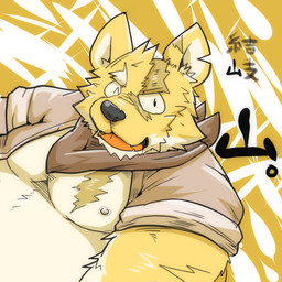 anthro belly black_nose clothing kemono male moobs nipples one_eye_closed overweight overweight_anthro overweight_male scar shirt solo text topwear wink suishou0602 canid canine canis domestic_dog mammal 1:1 2015 hi_res