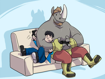 anthro beard biceps black_hair brown_hair chokehold clothed clothing duo facial_hair furniture gaming hair headlock horn male muscular sofa topless eclipticafusion human mammal rhinoceros 2014 4:3