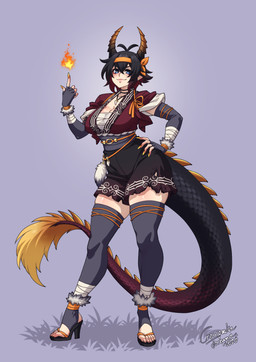 accessory armwear big_breasts black_hair bottomwear breasts cleavage clothed clothing colored_nails elbow_gloves elemental_manipulation female fingerless_gloves fire fire_manipulation footwear freckles gloves hair hand_on_hip handwear headband high_heels horn humanoid_pointy_ears jewelry legwear long_nails multicolored_hair nails necklace pointy_ears red_hair shoes shorts socks solo stirrup_socks tail thigh_highs crescentia_fortuna mythology animal_humanoid dragon dragon_humanoid humanoid mythological_creature mythological_scalie scalie 2026 dated hi_res signature