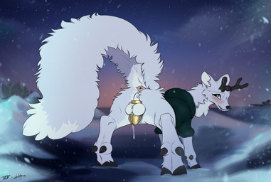 anus balls cage chastity_cage chastity_device easter_egg feral genitals holidays hooves male raised_tail shy sky snow solo tail lostgoose pinky_bestia easter eureka_(koboldwizard) canid canine deer deerfox_(hilda) fox hybrid mammal absurd_res colored hi_res