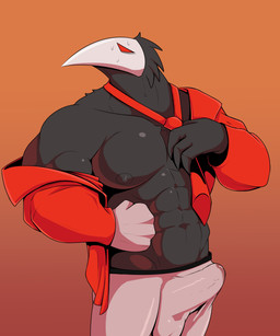 abs anthro balls black_body black_fur bulge detailed_bulge fur genital_outline genitals gradient_background male muscular muscular_male nipples pecs penis penis_outline simple_background solo standing andrefil360 deltarune undertale_(series) avian darkner swatchling 2021 5:6 absurd_res hi_res