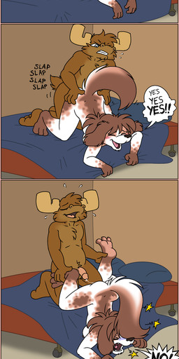 all_fours anthro antlers areola basic_sequence bed bedroom bodily_fluids breasts brown_body brown_fur cum cum_inside cum_string dialogue doggystyle duo eyes_closed female female_penetrated from_behind_position fur furniture genital_fluids genitals half-erect hanging_breasts horn humor inside linear_sequence lying male male/female male_penetrating male_penetrating_female nipples nude on_front penetration penis pronounced_browridge sex spots text three_frame_image three_frame_sequence white_body white_fur nanimoose nanimoose_(character) canid canine canis deer domestic_dog mammal moose new_world_deer 2013 english_text hi_res sequence