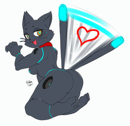 anthro anthrofied black_body blue_nipples breasts butt collar feet female machine nipples nude nude_female persistence_of_vision_(display) rear_view simple_background solo tail tail_motion tailwag whiskers white_background yellow_eyes hidden-cat hi-fi_rush microsoft tango_gameworks 808_(hi-fi_rush) domestic_cat felid feline felis mammal robot hi_res
